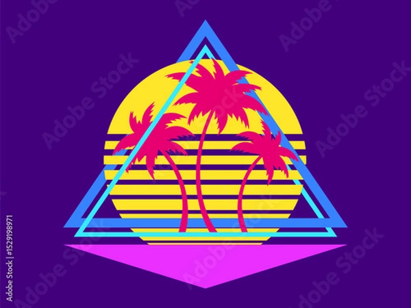 Fototapeta Retro futuristic sunset with palm trees and triangle in 80s style. Sci-fi palm trees at sunset in synthwave and retrowave style. Design for print, banners and posters. Vector illustration