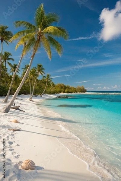 Fototapeta Tropical Paradise Beach with Palm Trees, White Sand, and Crystal Blue Water