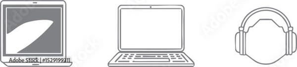 Obraz Collection of vector line art icons of electronic devices: laptops, cameras, mobile phones, and others. Minimalist and clean style, suitable for UI/UX, mobile apps, technology websites, and digital pr