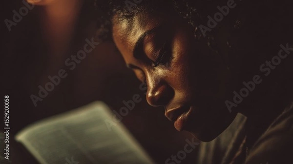 Fototapeta Dimly lit image of a woman with closed eyes, deep in thought as she listens to the words of a Bible passage being read aloud.