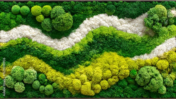 Fototapeta A vibrant tapestry of moss and lichen, showcasing intricate textures and hues of green and yellow