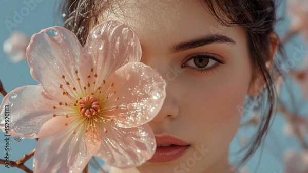 Obraz The concept of femininity, purity and innocence. The face of a beautiful natural girl with pink delicate flowers in drops of water.
