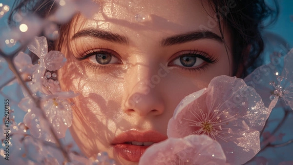 Obraz The concept of femininity, purity and innocence. The face of a beautiful natural girl with pink delicate flowers in drops of water.
