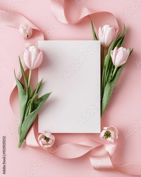 Obraz A beautiful arrangement of pink tulips with a blank card and ribbon on a soft pink background, perfect for celebrations.