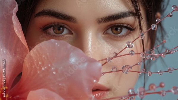 Obraz The concept of femininity, purity and innocence. The face of a beautiful natural girl with pink delicate flowers in drops of water.