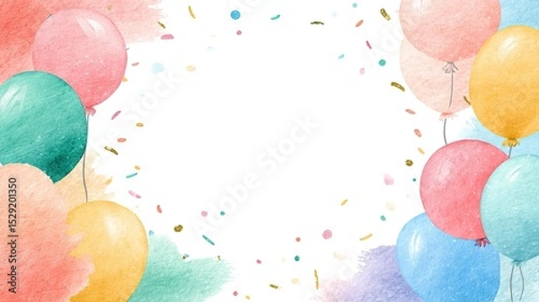 Obraz A festive watercolor background with colorful balloons and confetti, perfect for celebrations and party invitations.