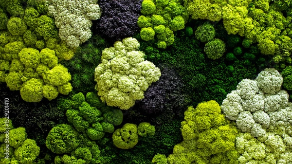 Fototapeta A vibrant tapestry of moss and lichen, showcasing intricate textures and hues of green and yellow