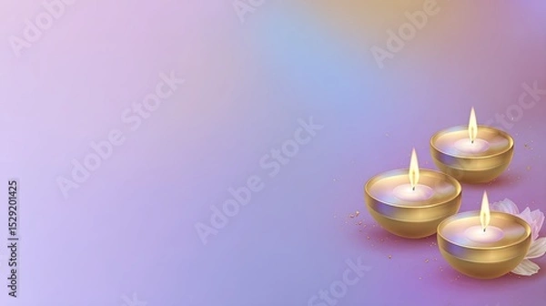 Obraz A serene composition featuring three illuminated oil lamps against a pastel background, symbolizing peace and spirituality.
