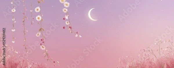 Obraz A serene landscape at dusk with delicate flowers and a crescent moon illuminating the soft pink sky.