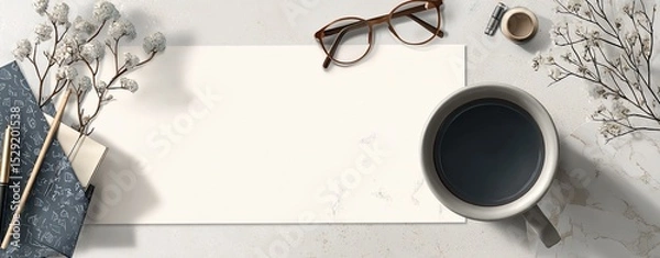 Obraz A serene workspace with a cup of coffee, glasses, and stationery, perfect for inspiring creativity and productivity.