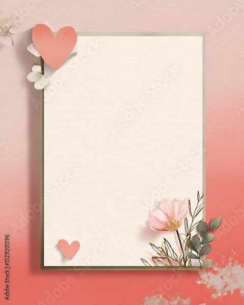 Obraz A stylish blank card with decorative hearts and flowers on a soft gradient background, perfect for invitations or greetings.