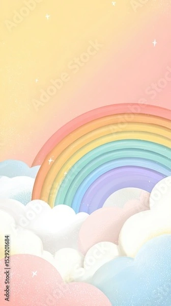 Obraz A vibrant rainbow arches over fluffy pastel clouds, creating a whimsical and dreamy atmosphere in the sky.