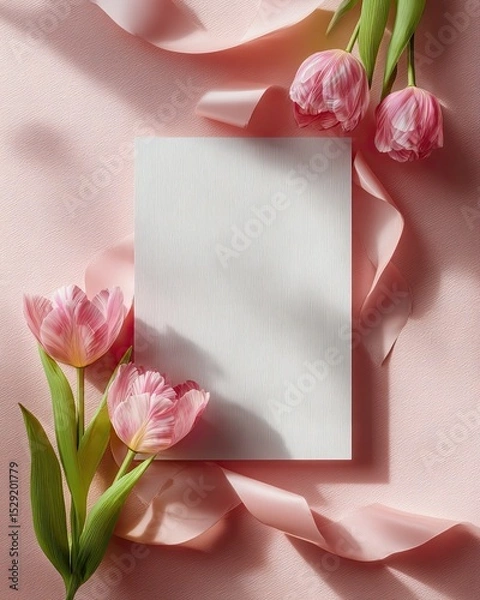 Obraz Beautiful pink tulips surround a blank card on a soft pastel background, ideal for cards or spring-themed designs.