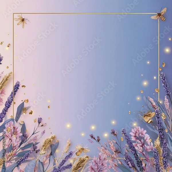 Obraz Elegant floral border design featuring lavender, greenery, and golden accents, perfect for invitations or decorative use.