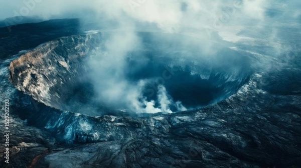 Fototapeta Smoke and volcanic gases rise from the crater of a volcano, creating a dramatic display of geothermal activity and geological forces shaping earth