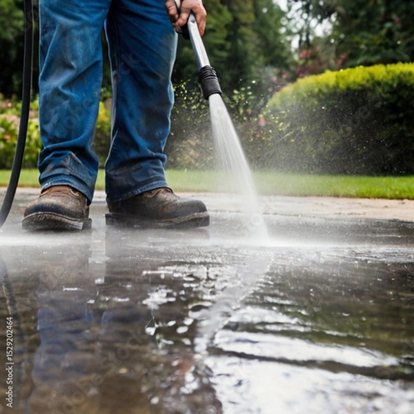 Fototapeta Pressure washing driveway. Close up on water splash and worker in worker boots cleaning driveway with pressure washer.	