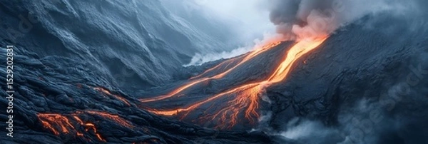 Fototapeta Multiple rivers of bright orange lava are flowing down a dark gray volcanic landscape during a powerful eruption, creating a dramatic contrast between the molten rock and the solidified slopes