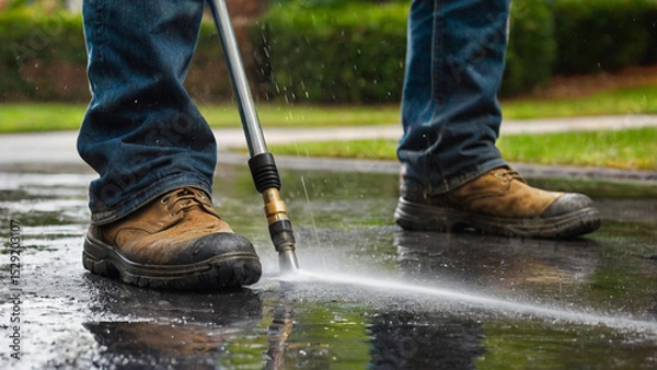 Fototapeta Pressure washing driveway. Close up on water splash and worker in worker boots cleaning driveway with pressure washer.	