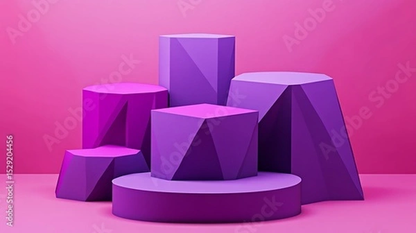 Obraz Magenta and violet polygon stacks forming modern pedestal for product showcase