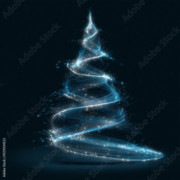 Fototapeta Digital Christmas Tree Made of Glowing Blue and White Fiber Optic Strands for Tech-Inspired Holiday Card