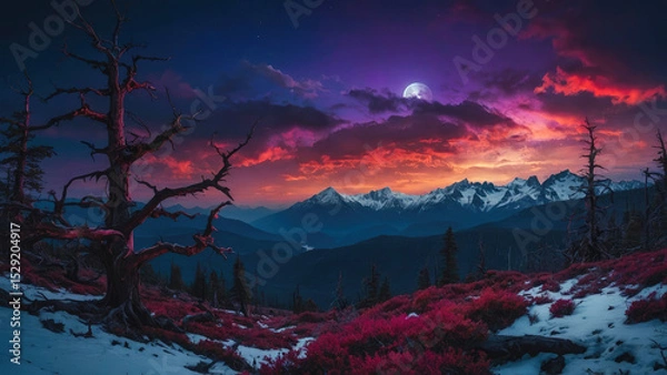 Fototapeta fantasy night landscape with moon behind clouds, red sky, dry tree, red flowers, snow and mountains