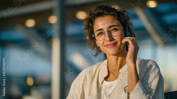 Fototapeta Indian customer service representative adjusting her glasses, headset on, mid-conversation with client, sunlight streams through blinds across modern call center interior