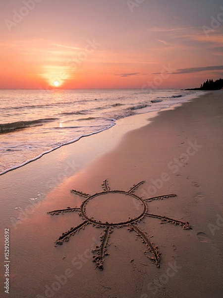 Obraz A serene beach scene with a sun drawing in the sand. Solstice, equinox, sunset, sunrise, summertime concept.  Selective focus.