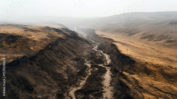 Fototapeta Significant earthquake fault line dramatically alters the landscape, creating a deep canyon that carves through the rural terrain, showcasing the raw power of nature and geological forces