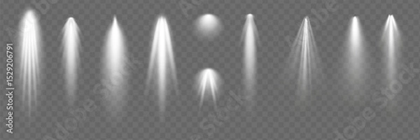 Fototapeta Light effect set. Glow isolated white transparent light effect set, lens flare, explosion, glitter, dust, line, sun flash, spark and stars, spotlight, curve twirl.