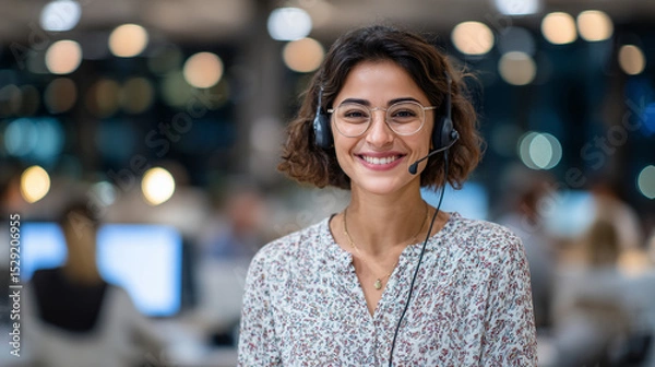 Fototapeta Smiling Indian call center professional provides assistance, headset cord visible, CRM software reflected in glasses, modern helpdesk hub around her hums with activity