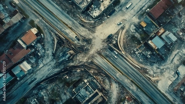 Fototapeta Aerial drone perspective revealing urban landscape aftermath, collapsed structures, fractured roadways, emergency response teams navigating widespread earthquake devastation