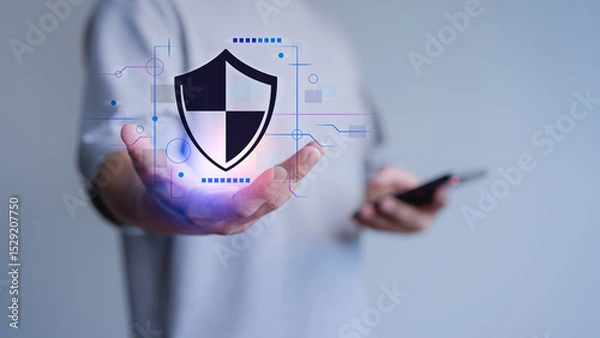 Fototapeta Person holds a digital shield icon, symbolizing cybersecurity, mobile data protection, and modern digital privacy solutions. Certified guarantee approval or secure access system concept.