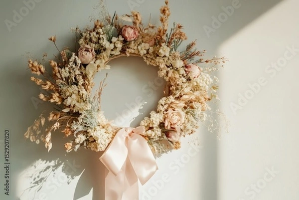 Obraz Dried flower wreath with pastel ribbons Easter door decoration boho aesthetic