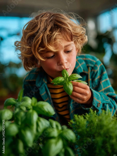 Fototapeta Curious child sniffing basil leaves in a sunlit greenhouse filled with plants