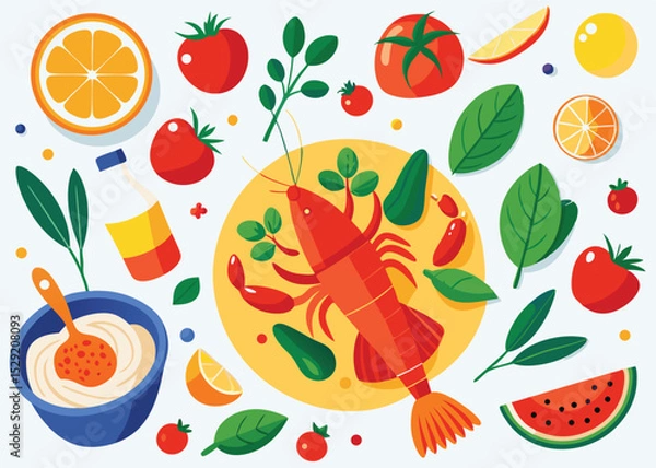 Fototapeta Vibrant food illustration featuring a red lobster surrounded by fresh ingredients and accompaniments for culinary design and healthy eating concepts.