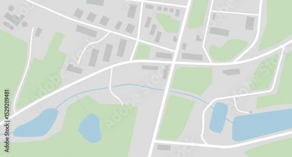 Fototapeta City map navigation. GPS navigator. Top view, view from above. Simple realistic map design with small town, forest, river and lakes. Landscape with river. Flat style vector illustration in dim color