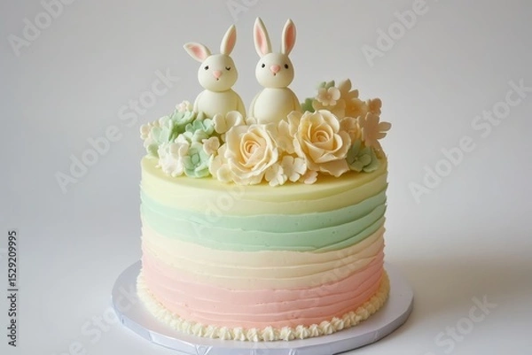 Obraz Easter cake decorated with sugar flowers and fondant bunnies pastel ombre frosting