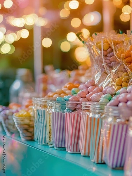 Obraz Easter candy buffet with glass jars and striped paper bags bokeh lights
