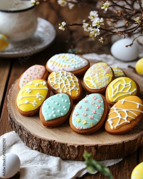 Obraz Easter cookies decorated with royal icing patterns rustic wooden table setting