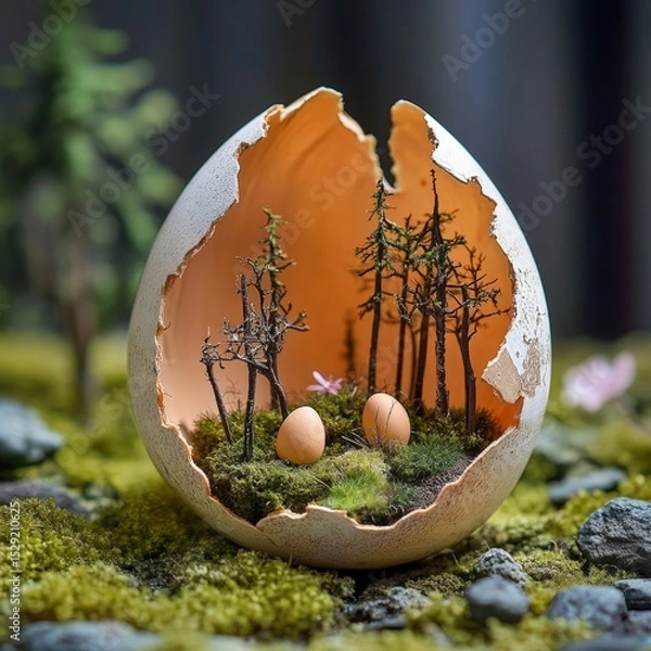 Obraz Easter egg diorama showing miniature spring forest scene inside broken shell surreal macro view