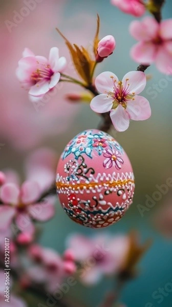Obraz Easter egg tree decorated with handpainted ornaments cherry blossoms in background shallow depth of field