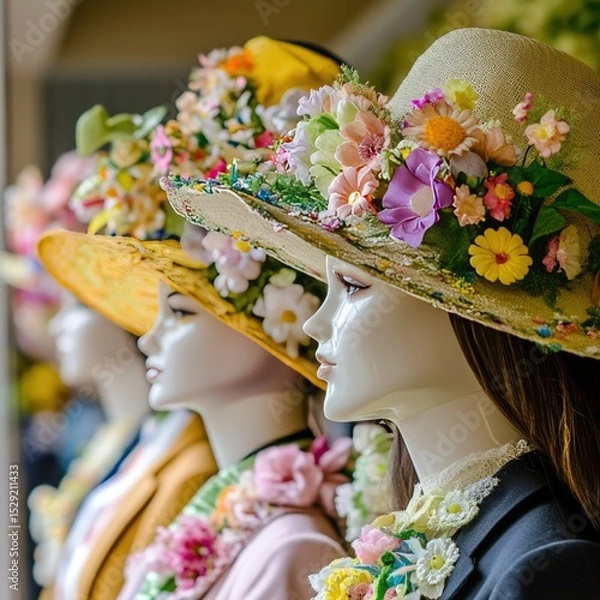 Obraz Easter parade hats decorated with spring flowers line of faceless mannequins