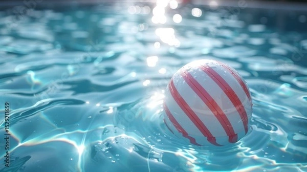 Fototapeta A colorful beach ball gently floating on the surface of a sparkling pool, capturing the essence of summer fun, relaxation, and leisure activities by the water.
