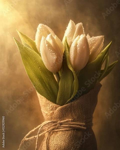 Obraz Easter tulip bouquet wrapped in burlap dewdrops on petals soft golden hour lighting