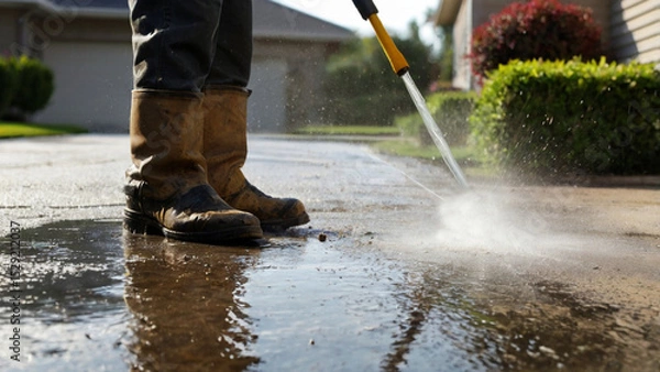 Fototapeta Pressure washing driveway. Close up on water splash and worker in worker boots cleaning driveway with pressure washer.	