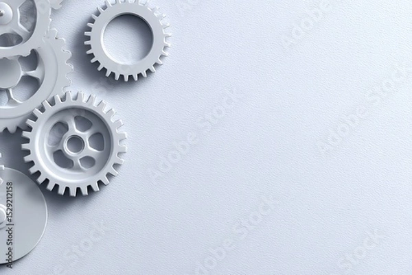Fototapeta Mechanical Gears Arranged on a Clean White Background With Faint Details