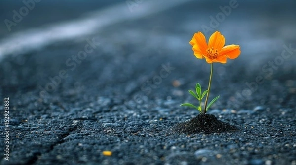 Fototapeta This striking image features a vibrant orange flower breaking through the cracks in a solid asphalt surface, symbolizing resilience and the power of nature to thrive despite adversity.