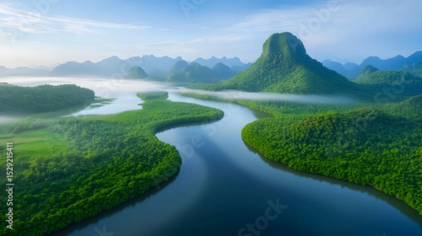Obraz aerial view mangrove forest and mountain peak of Phang nga bay, Thailand