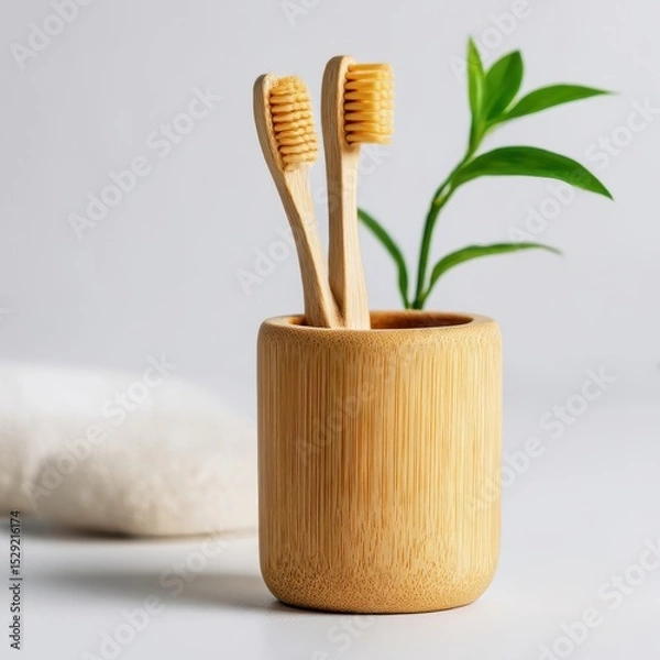 Obraz ecofriendly toothbrush holder made from bamboo symbolizing sustainable bathroom products isolated clean background