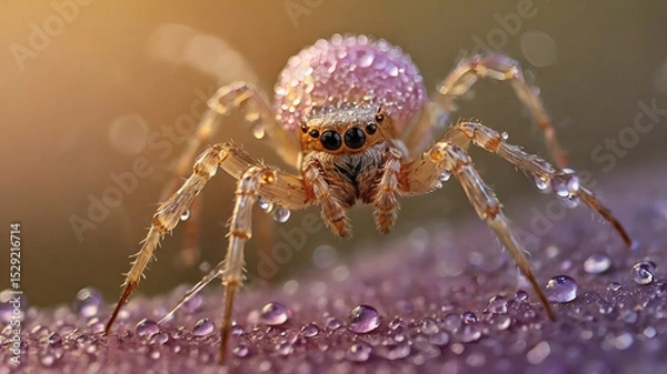 Fototapeta A beautiful spider and a web decorated with dew drops that shimmer in the sun, creating a glow effect. The background of the image is blurred, in a warm golden pink color scheme.